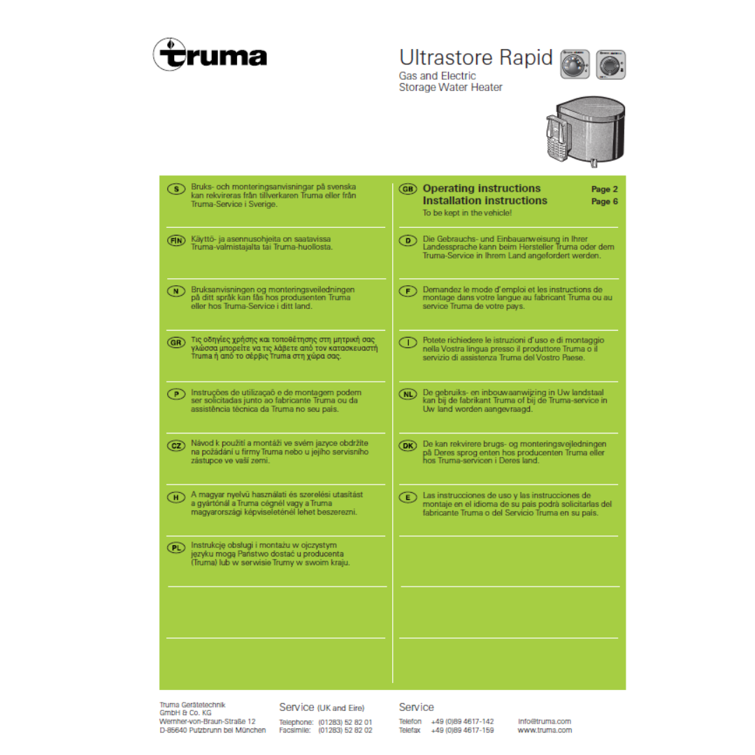Truma Ultrastore Rapid Gas & Electric Water Heater Instruction Manual