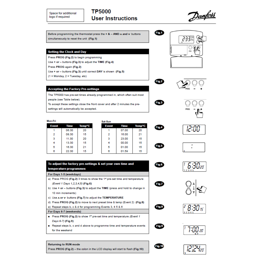 Danfoss TP5000 Programmable Room Thermostat User Instructions