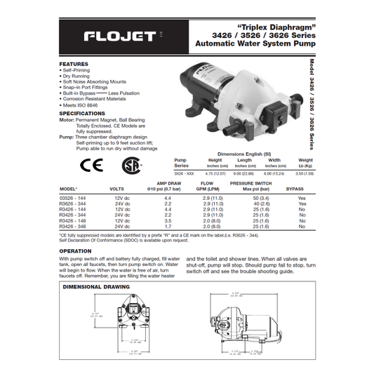 Flojet 3426 3526 3626 Series Automatic Water Pump Instruction Manual