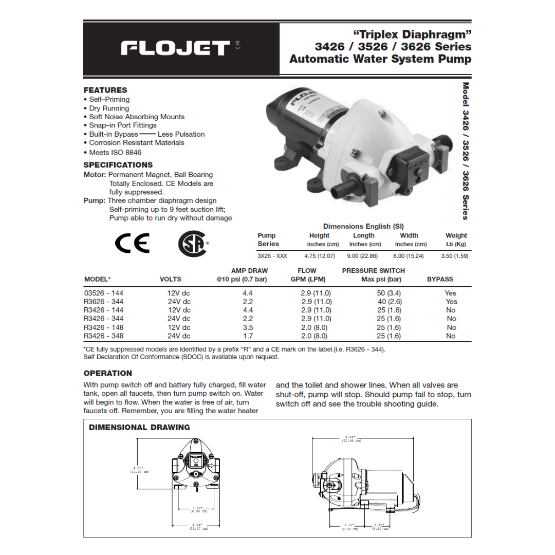 Flojet Triplex 3426 / 3526 / 3626 Automatic Water System Pump Instruction Manual