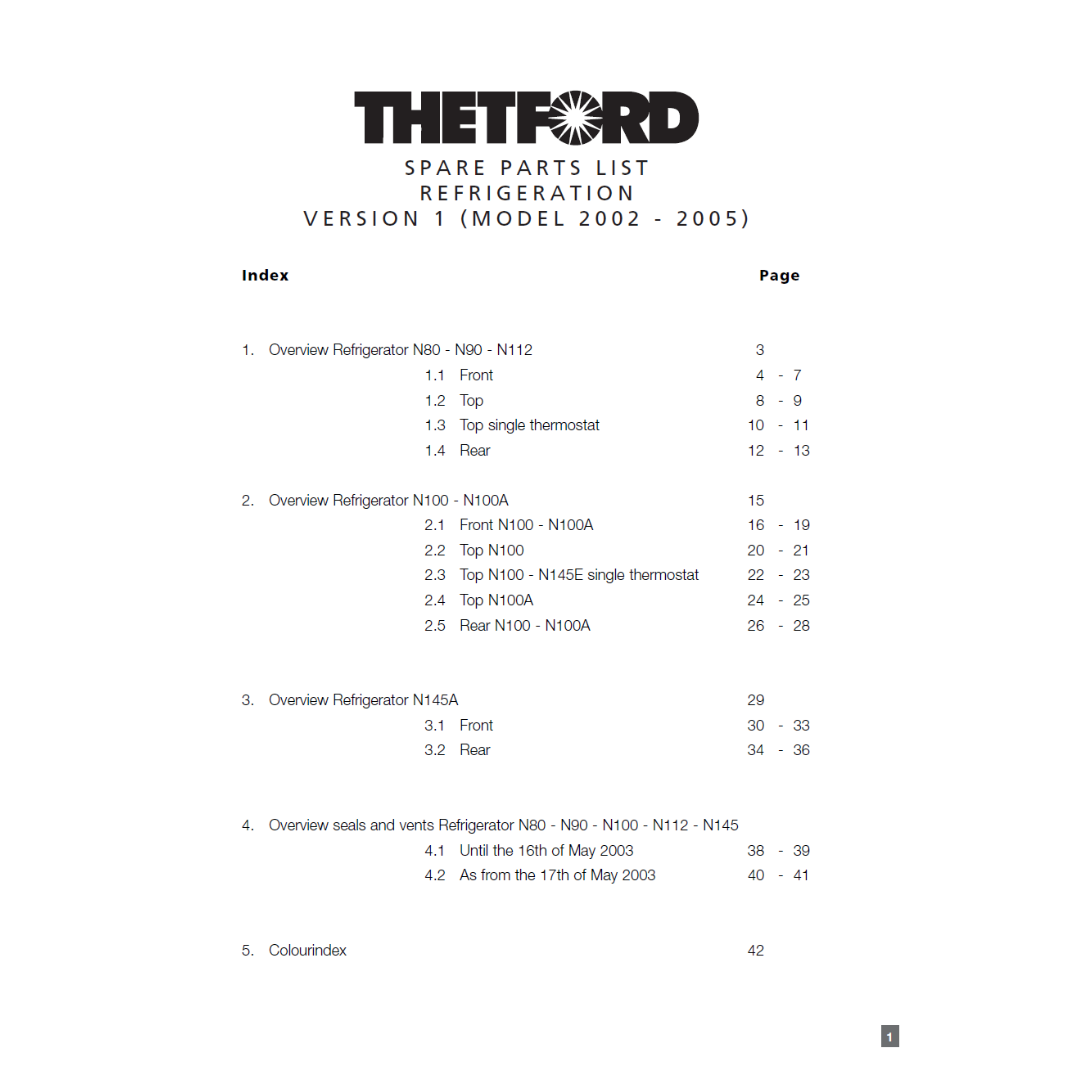 Thetford N80 N90 N100 N100A N112 N145 Refrigerator Spare Parts List