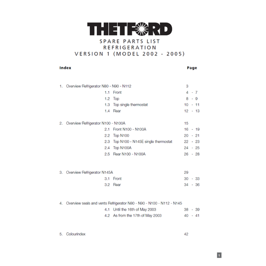 Thetford N80 N90 N100 N100A N112 N145 Refrigerator Spare Parts List
