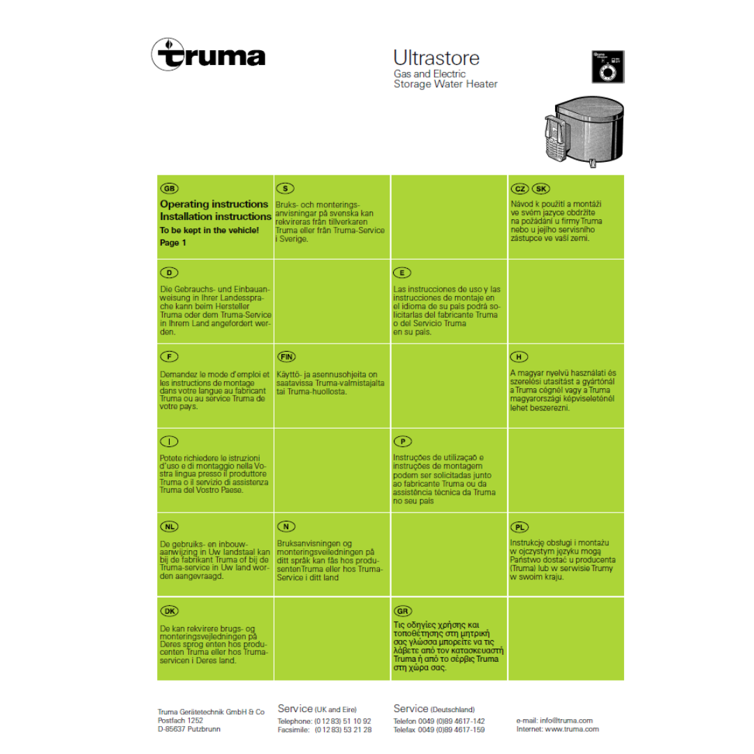 Truma Ultrastore Gas & Electric Water Heater Instruction Manual